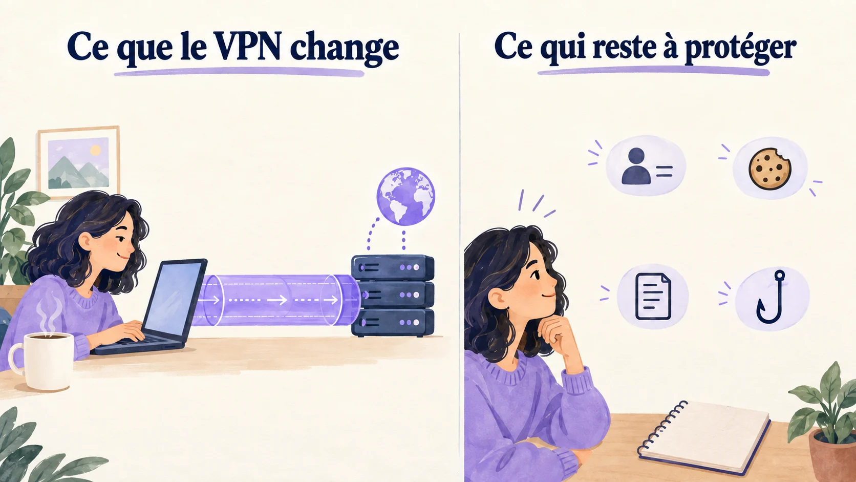 À gauche, le tunnel entre l’appareil et le serveur VPN ; à droite, les comptes, cookies, fichiers et risques d’hameçonnage à protéger séparément.