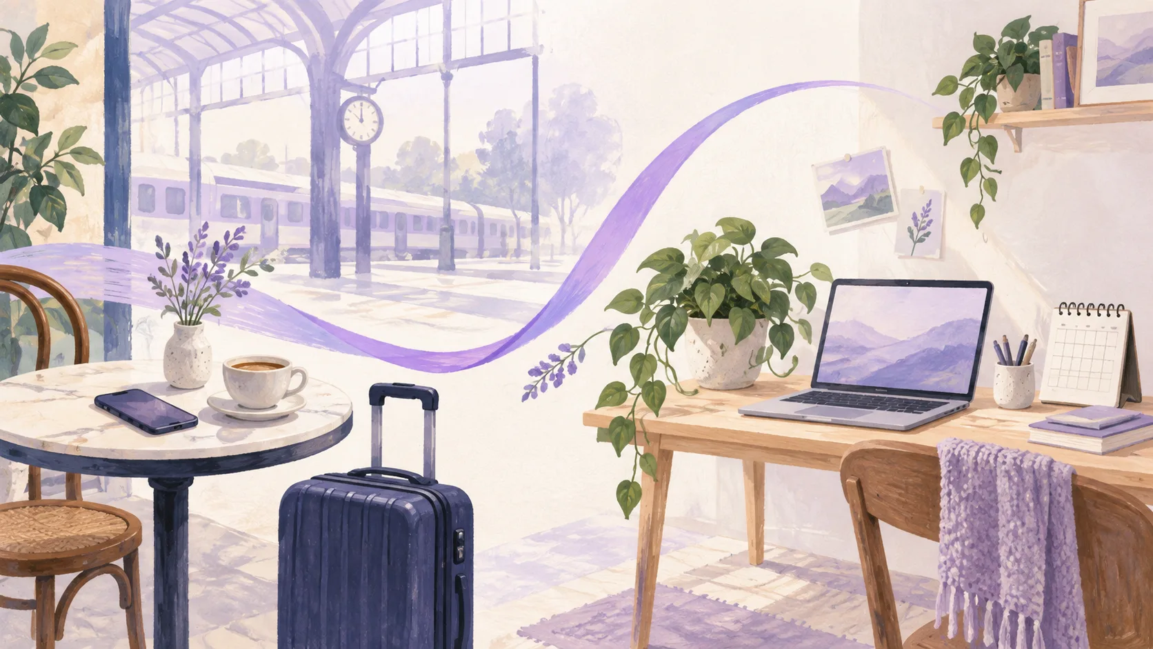 Un voyage avec une valise et un smartphone, puis un bureau à domicile, reliés par un ruban lavande.
