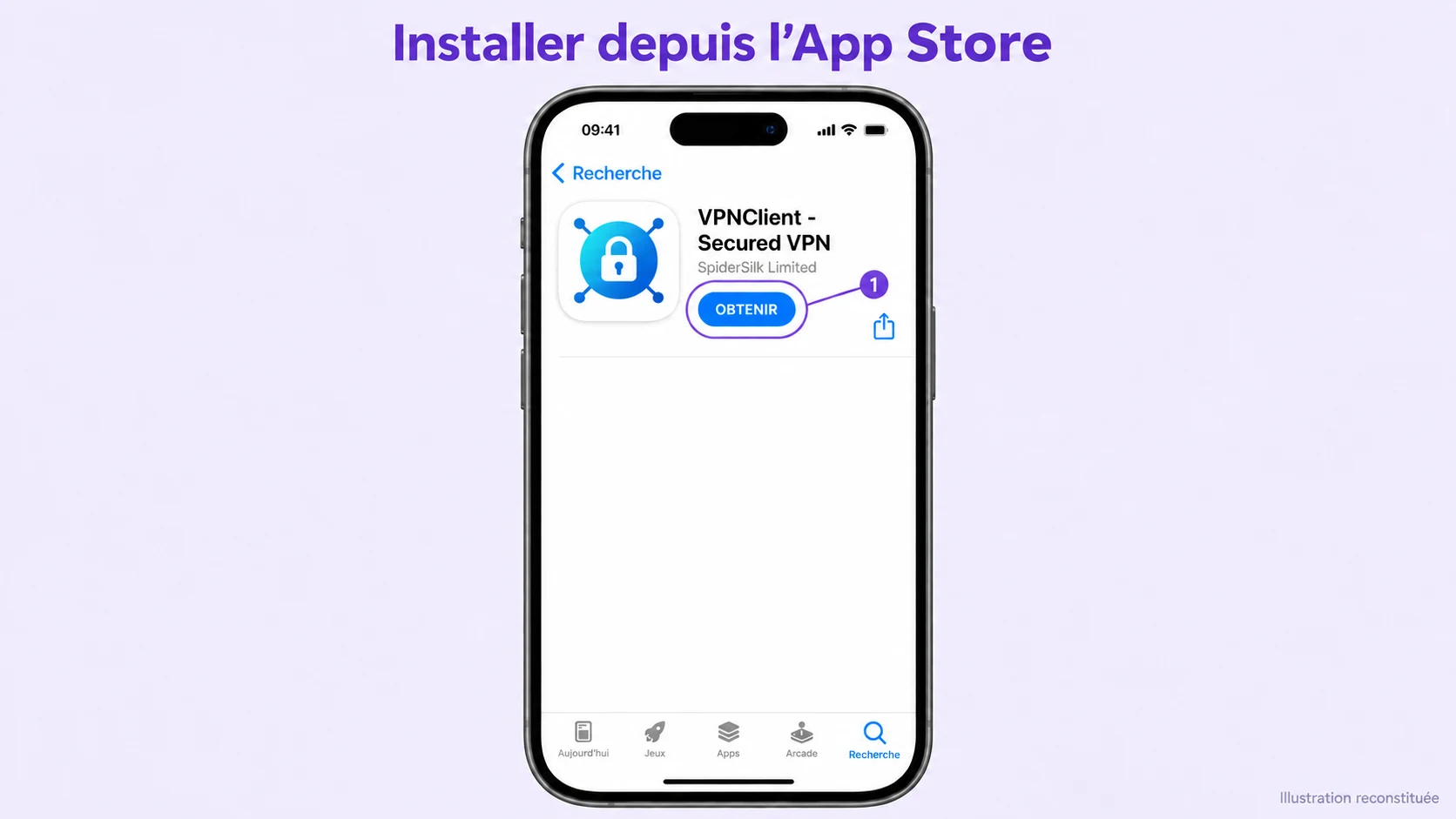 Illustration reconstituée de la fiche App Store VPNClient - Secured VPN par SpiderSilk Limited, avec le bouton Obtenir entouré.