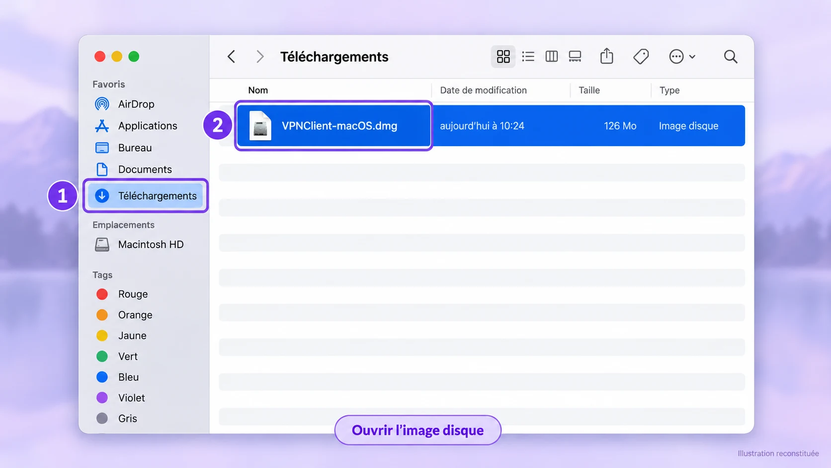 Illustration reconstituée du Finder sur Mac : le fichier VPNClient-macOS.dmg est sélectionné dans Téléchargements.