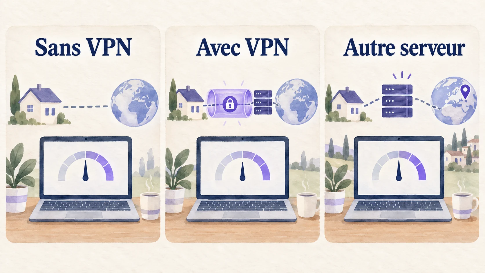 Comparer la connexion sans VPN, avec le VPN puis avec un autre serveur dans les mêmes conditions.