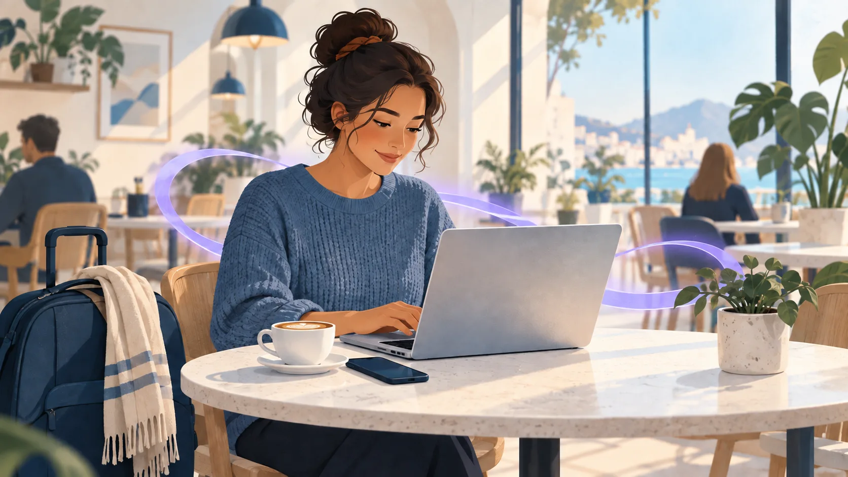 Illustration d’une voyageuse utilisant un ordinateur portable dans un café, avec un téléphone et un bagage à proximité.