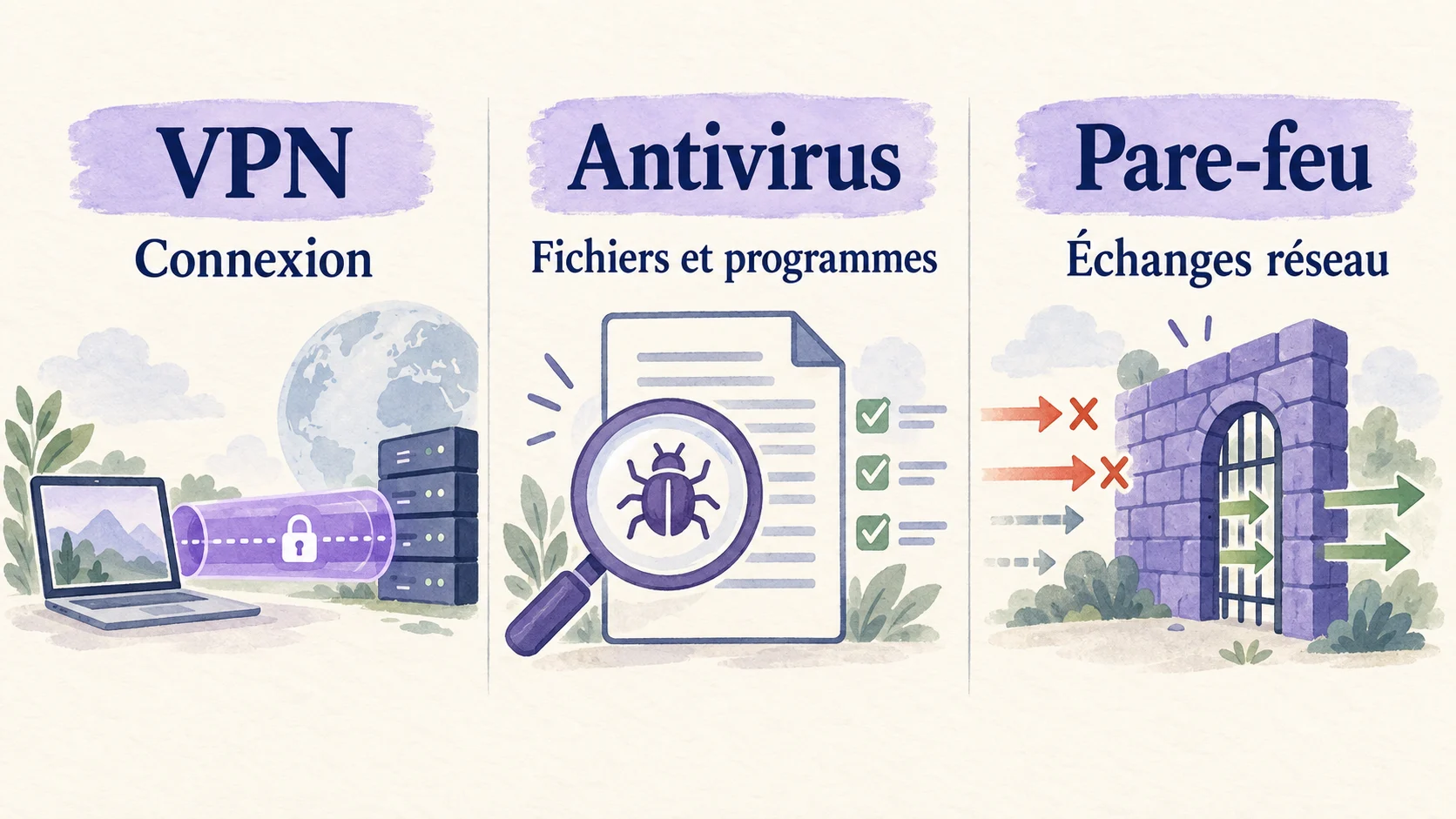 Le VPN agit sur la connexion, l’antivirus sur les fichiers et programmes, et le pare-feu sur les échanges réseau.