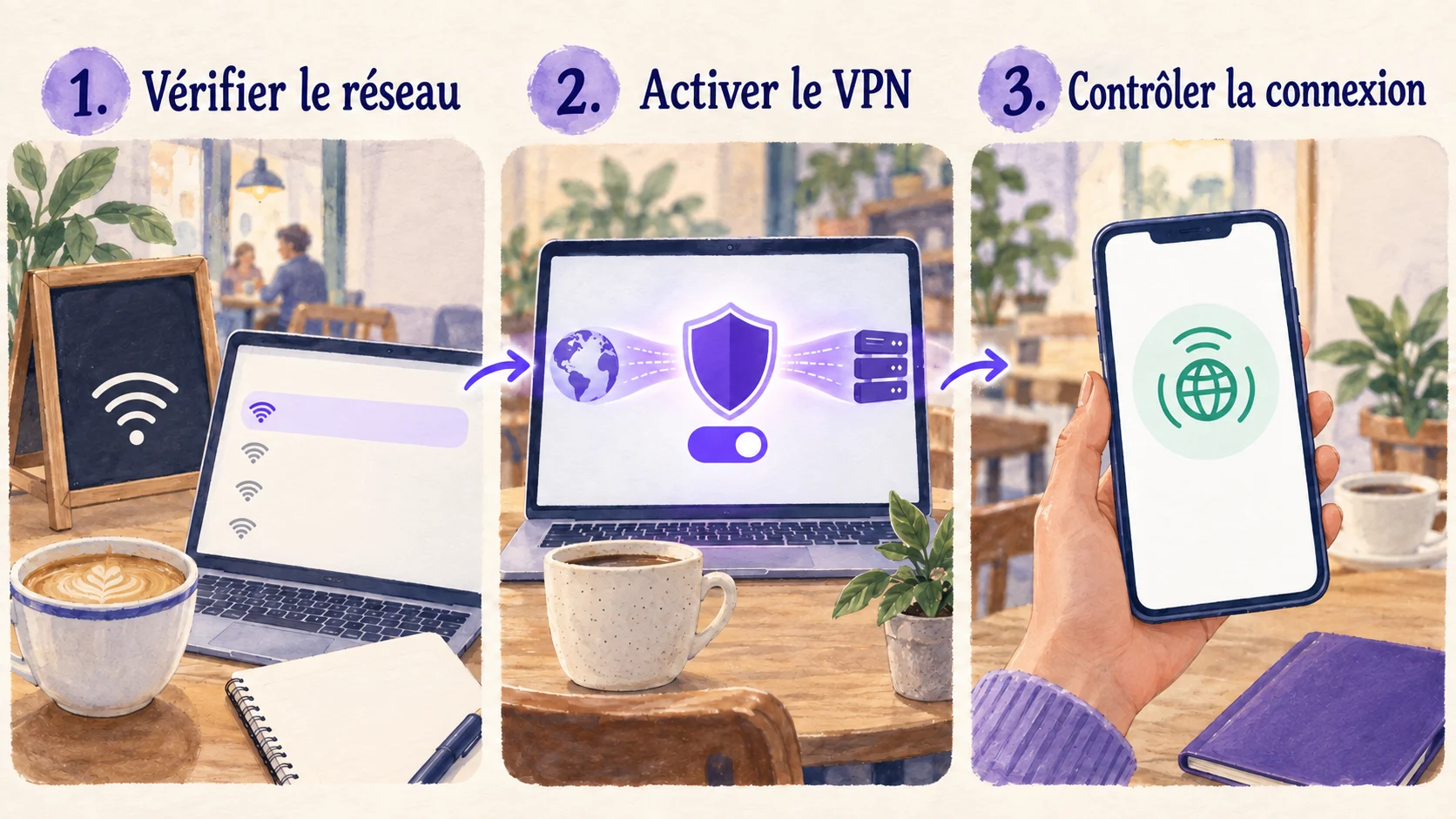 Trois étapes sur un Wi-Fi public : vérifier le réseau, activer le VPN et contrôler la connexion.