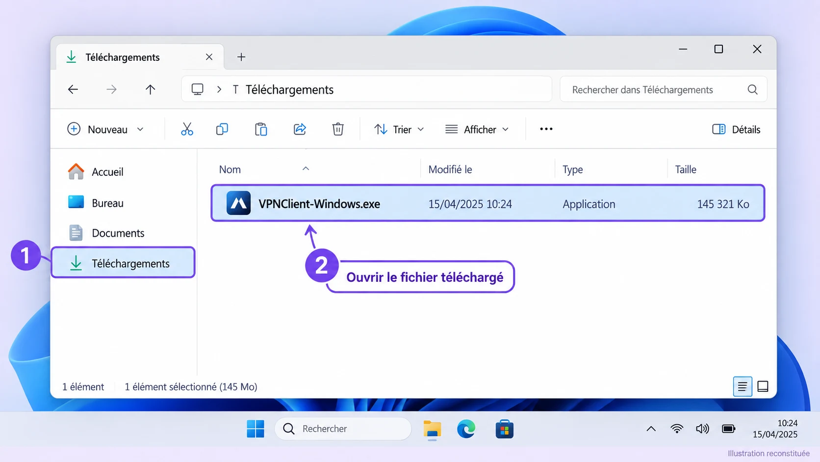 Illustration reconstituée de l’Explorateur Windows : dossier Téléchargements et fichier VPNClient-Windows.exe à ouvrir.