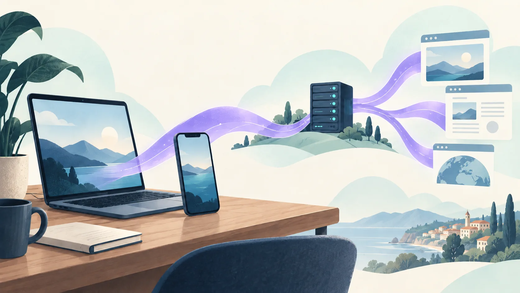Illustration d’un ordinateur et d’un téléphone reliés à un serveur VPN, puis à des sites Internet, par un ruban violet lavande.