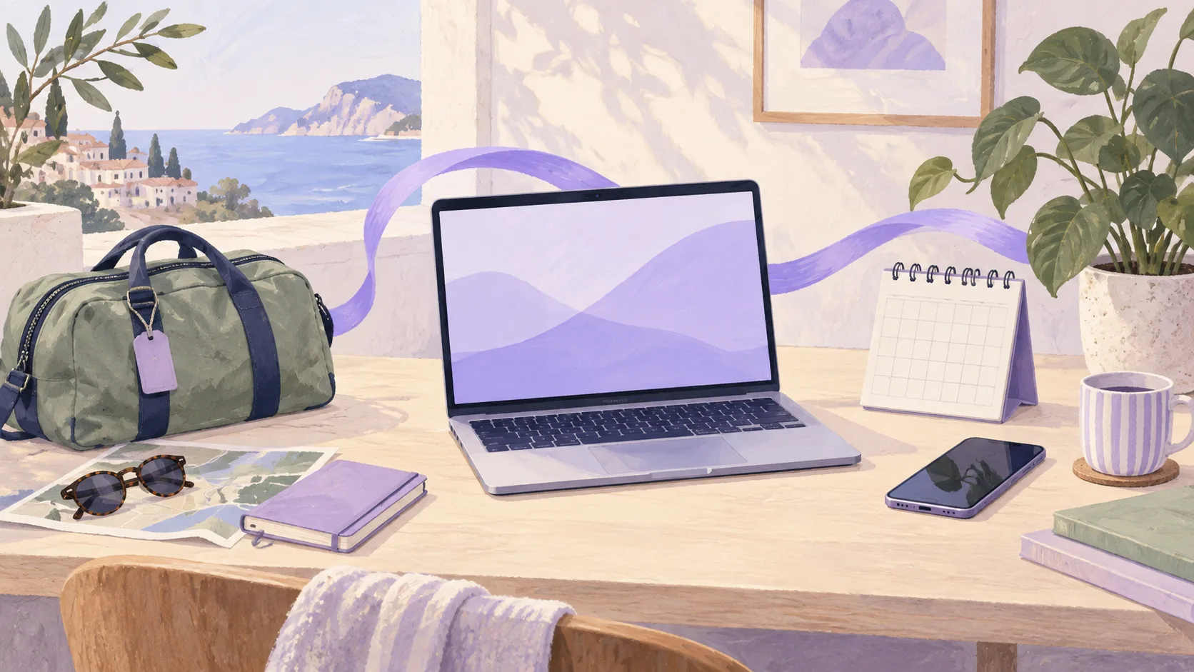 Ordinateur, calendrier et sac de voyage sur un bureau, reliés par un ruban lavande.