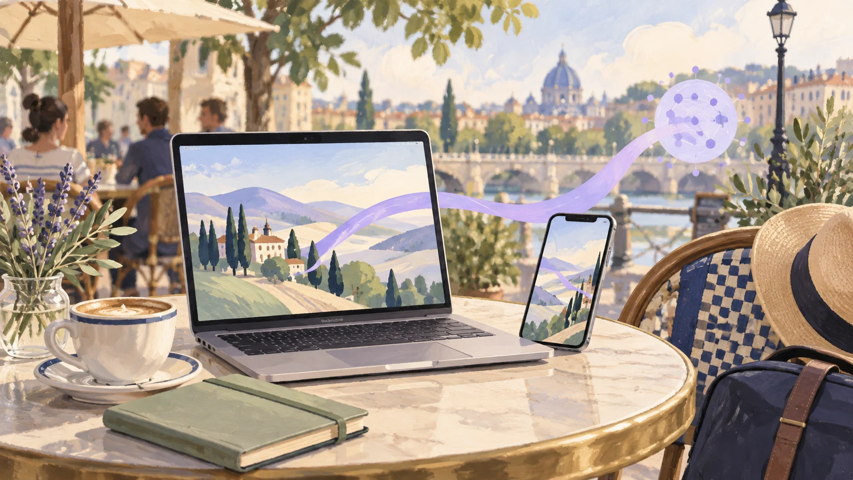 Ordinateur et téléphone dans un café, reliés à un serveur VPN par un ruban lavande.