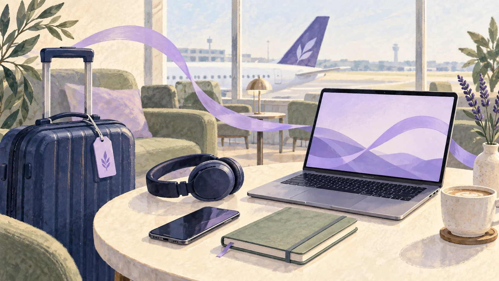 Valise et ordinateur dans un espace d’attente, avec un ruban lavande évoquant la connexion VPN.