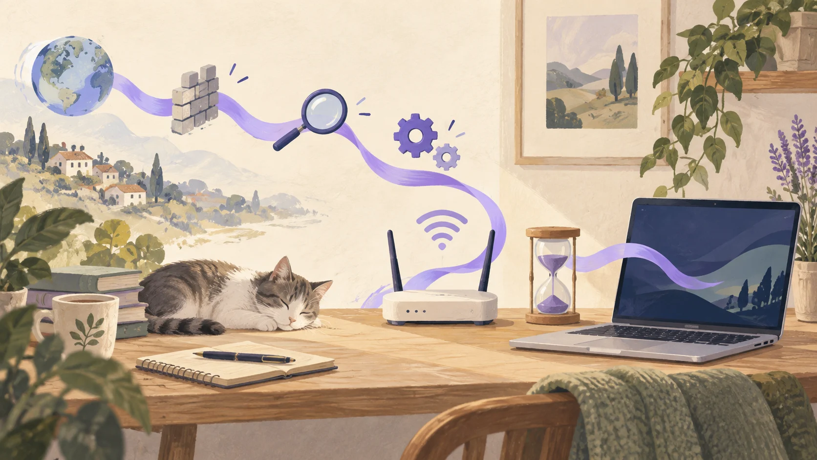 Ordinateur, routeur et sablier illustrant les différentes causes de lenteur d’une connexion VPN.