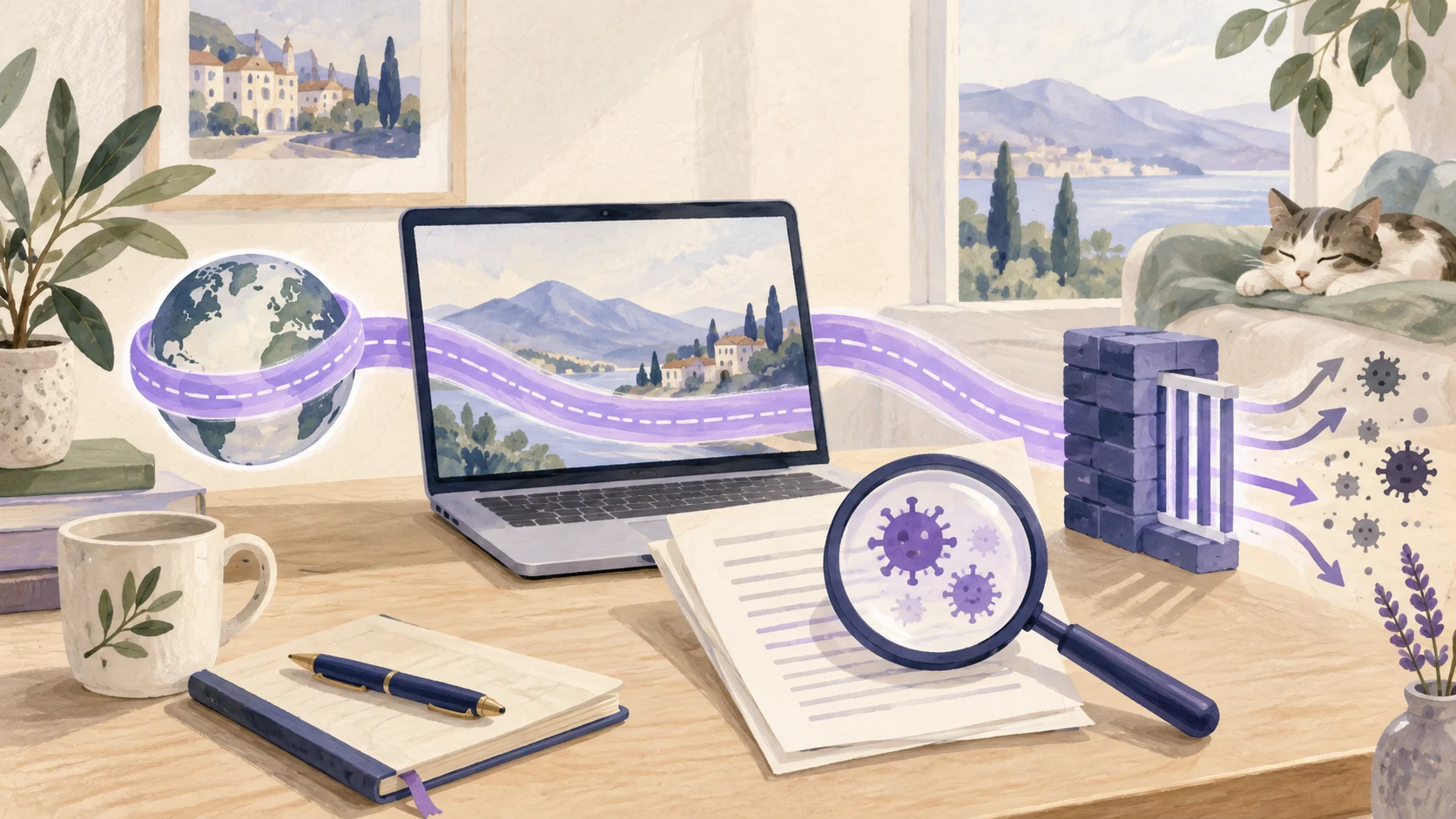 Trois protections complémentaires représentées par un tunnel VPN, une loupe antivirus et une porte réseau.
