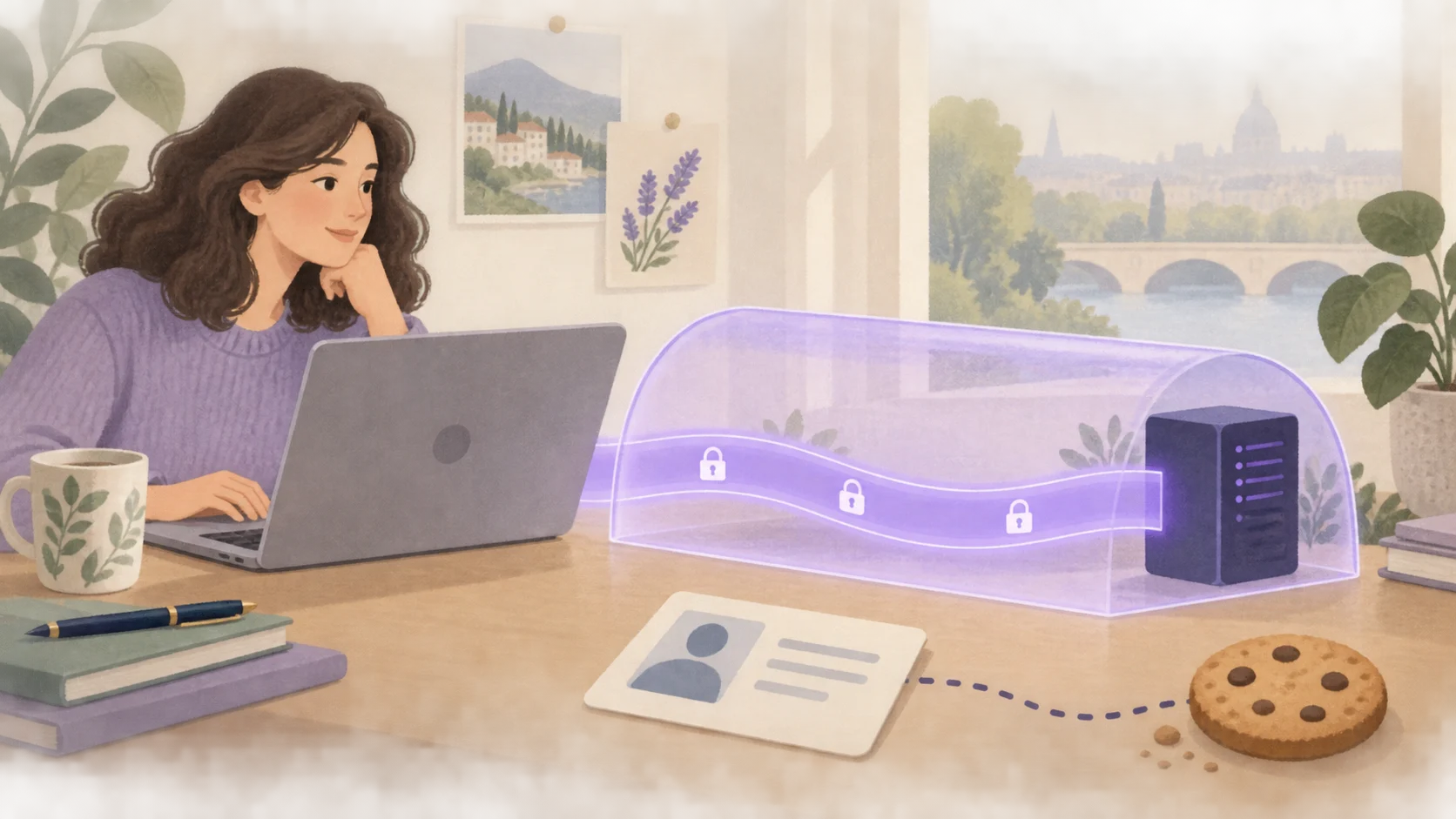 Une connexion lavande relie un ordinateur à un serveur, tandis que profils et cookies restent en dehors du tunnel.