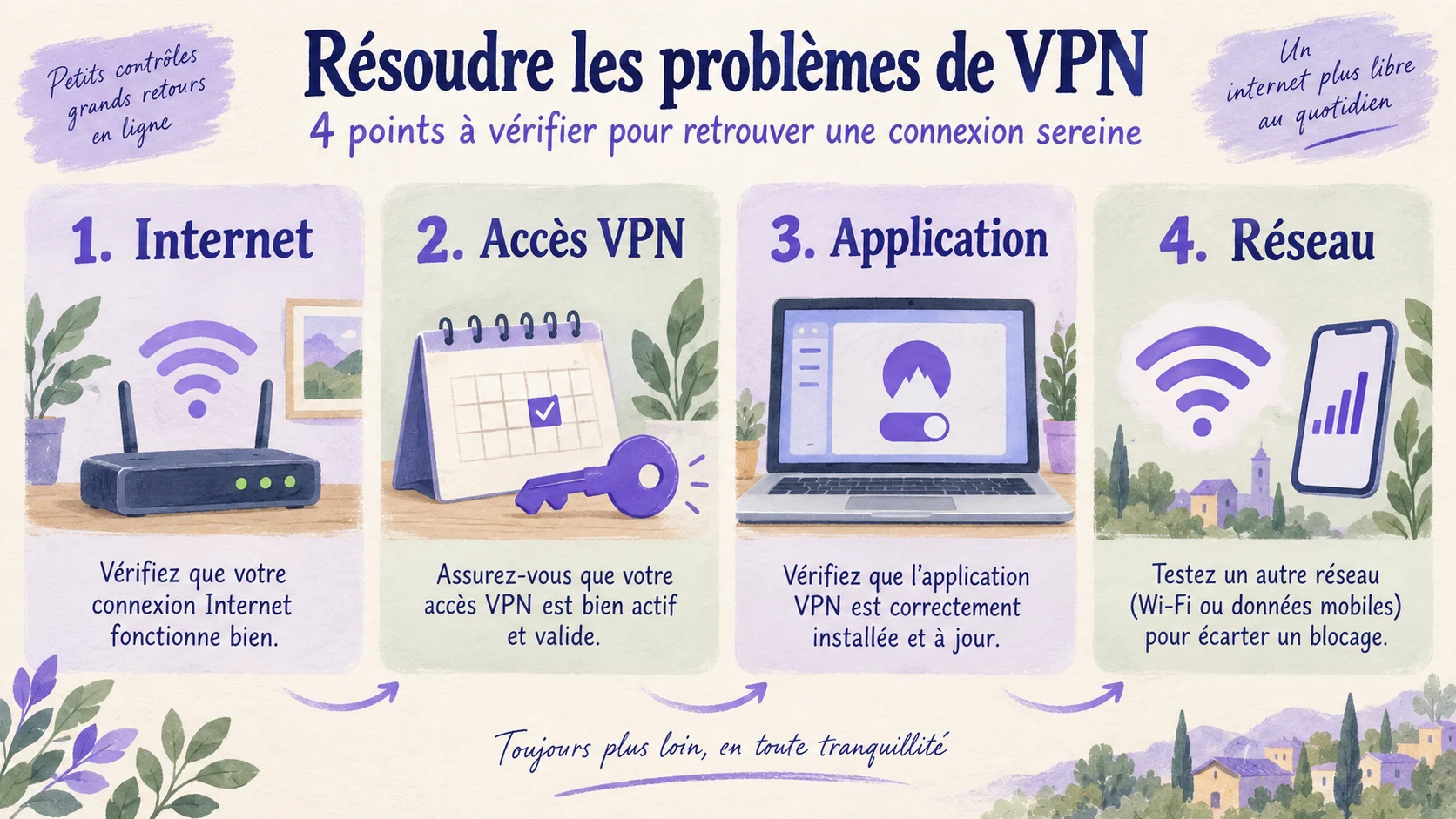 Quatre contrôles pour dépanner un VPN : Internet, validité de l’accès, application et réseau.